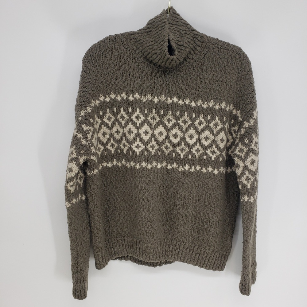Vince Fair Isle Wool Cashmere Turtleneck Sweater Womens Medium Brown Boucle Knit